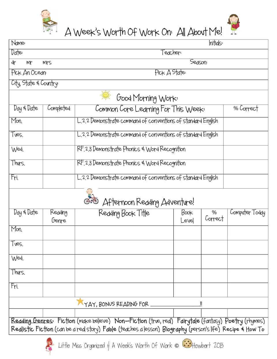 Student weekly tracker: name, ocean and state picks, Mon-Fri morning work checklist and a reading log with genre and level