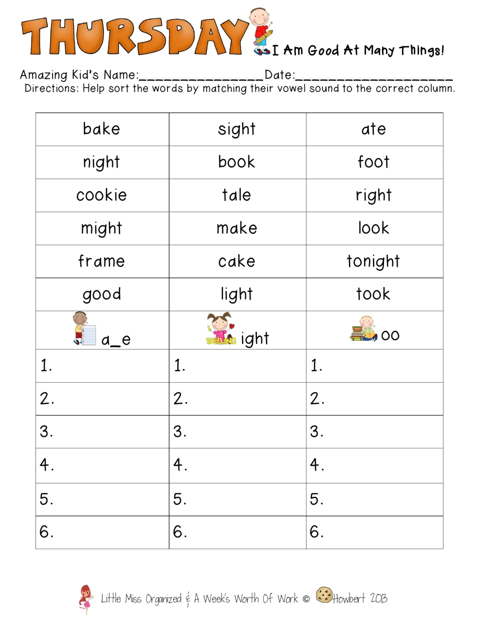Thursday, I Am Good At Many Things: students sort 18 words like bake, night and book by a_e, ight and oo vowel sounds