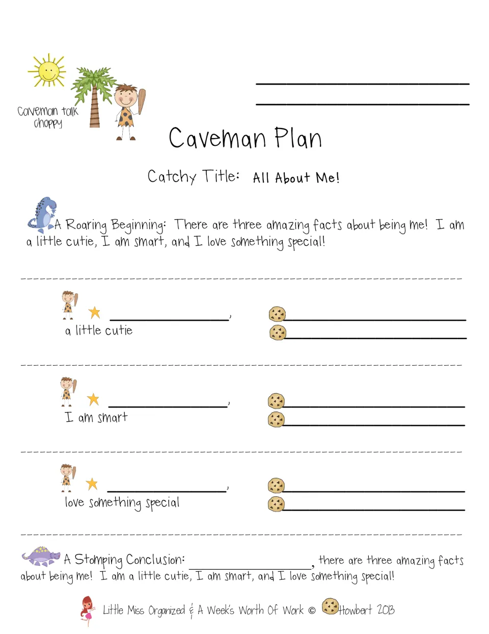 Caveman Plan for writing about me: students plan three facts (a little cutie, I am smart, love something special)