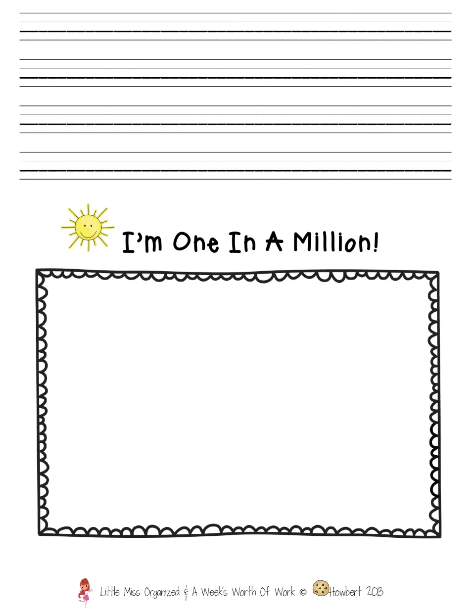I'm One In A Million: students write their about-me piece at the top and draw a self-portrait below