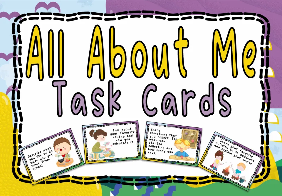 All About Me Task Cards cover showing four sample speaking prompts, such as describing your favorite holiday or collection