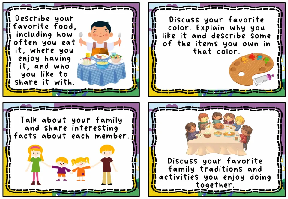 Personal sharing prompts: students describe a favorite food and color, talk about family members and family traditions