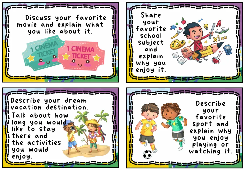 Favorites prompts: students discuss a favorite movie, school subject and sport, and describe a dream vacation destination