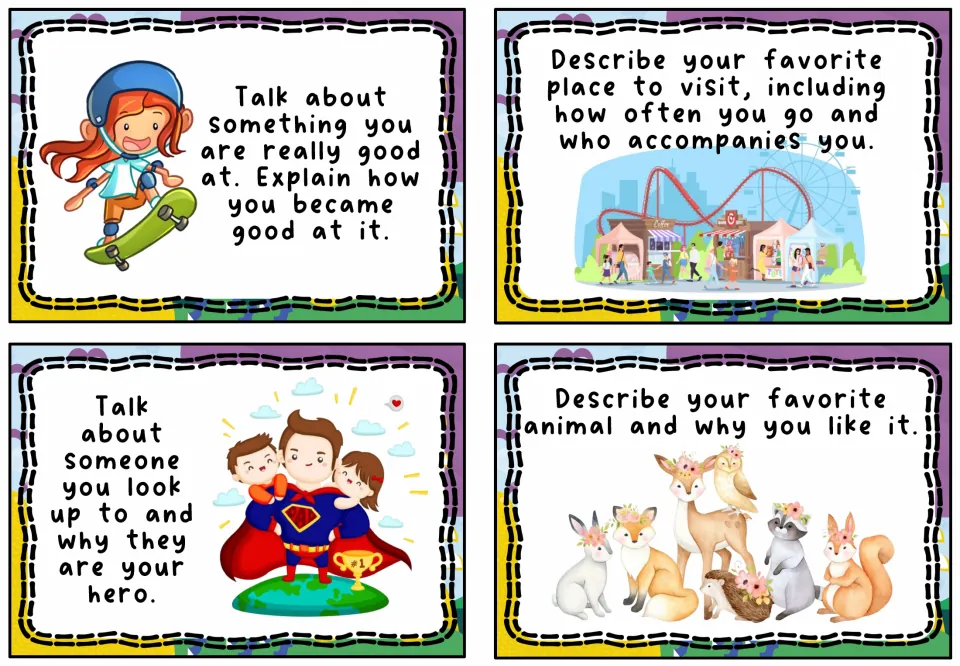 Self-reflection cards: students tell something they are good at, a favorite place to visit, a hero and a favorite animal