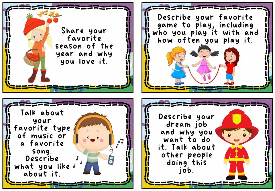 Interest prompts: students share a favorite season, game, type of music or song, and describe a dream job and why