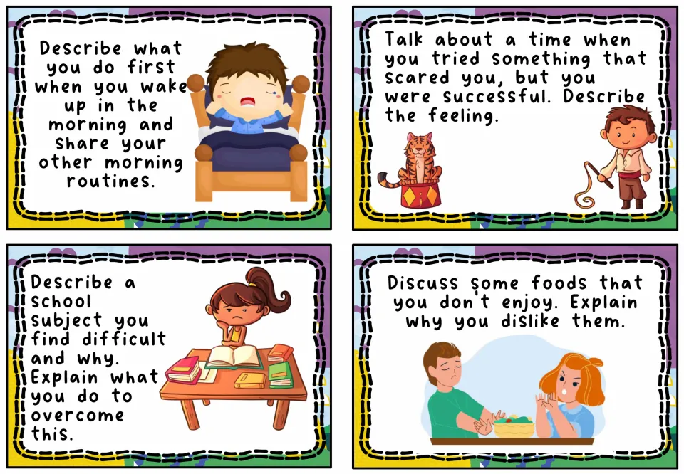 Routines and feelings: students describe morning routines, a time they faced a fear, a hard subject and disliked foods