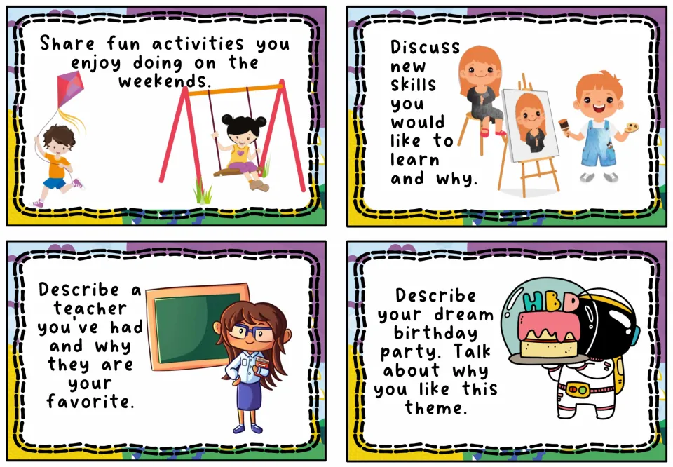 Weekend and wishes prompts: students share weekend fun, new skills to learn, a favorite teacher and a dream birthday party