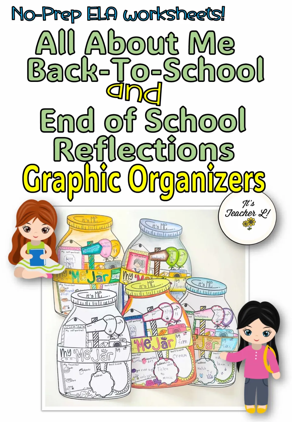 Cover for All About Me back-to-school and end of school reflection organizers, showing colored 'Me' Jar samples