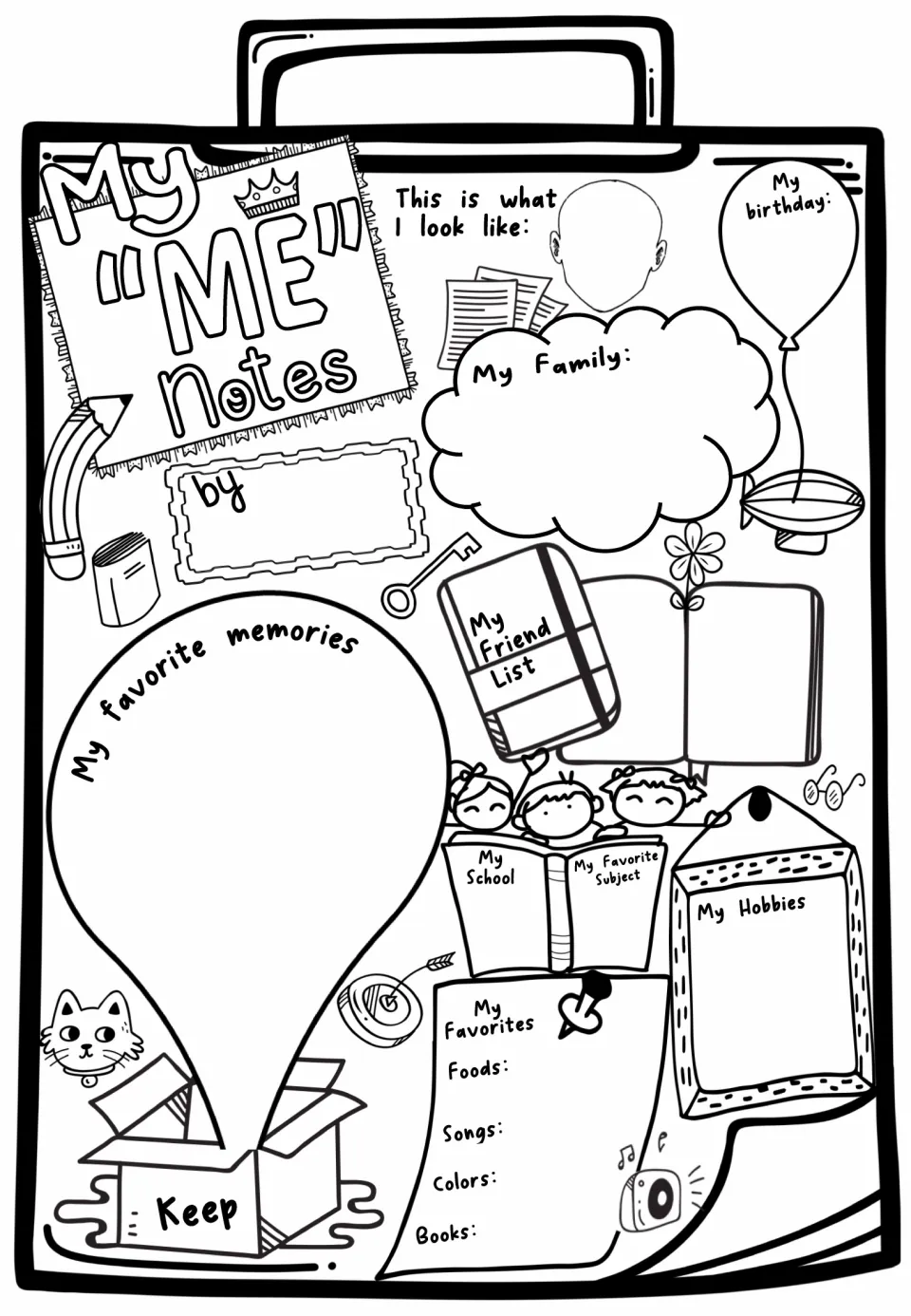 My "ME" Notes: students sketch their face and write about family, birthday, friend list, school, hobbies and favorite songs