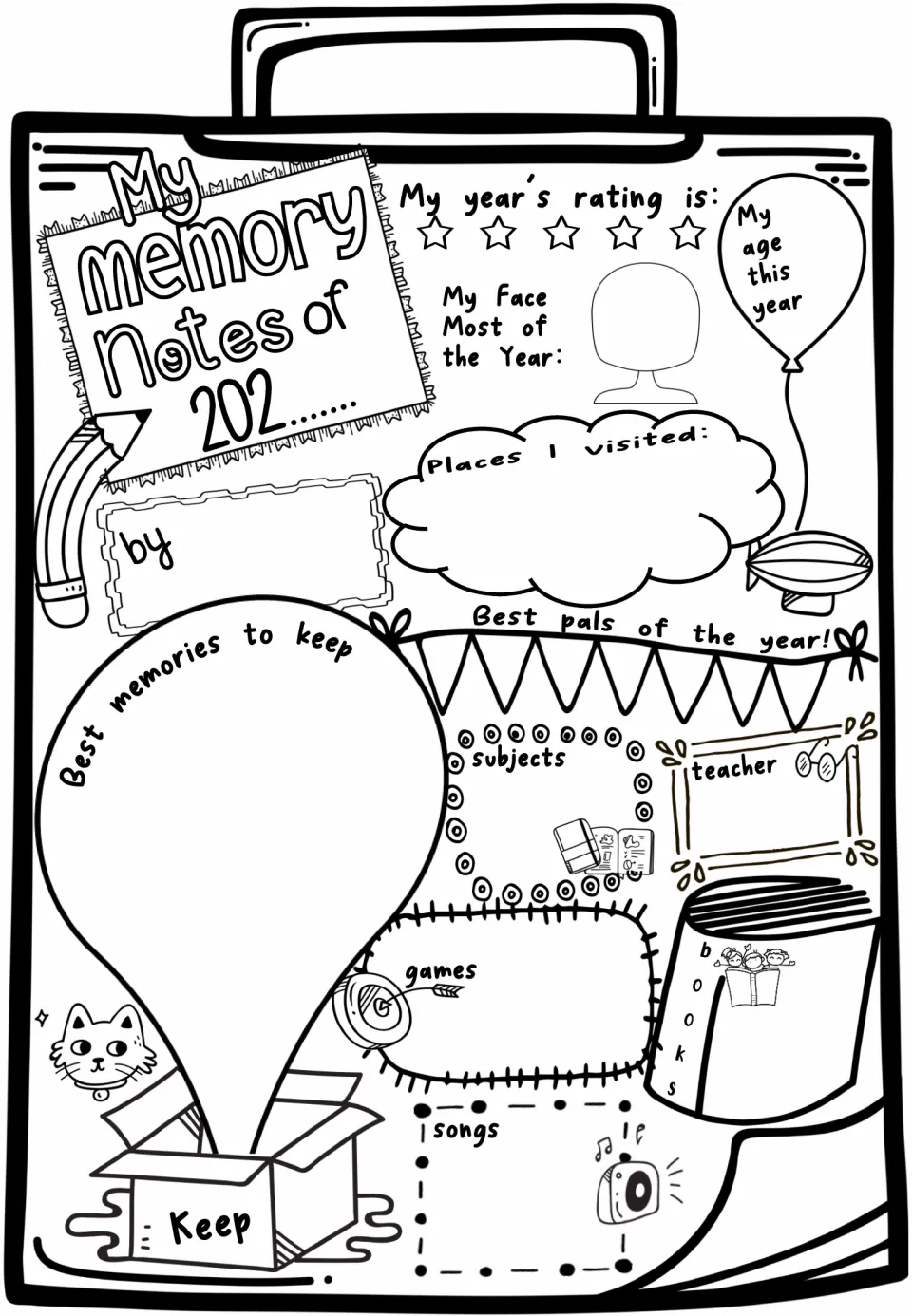 My Memory Notes of 202_: students rate their year in stars, list places visited, best pals, teacher, games, books and songs