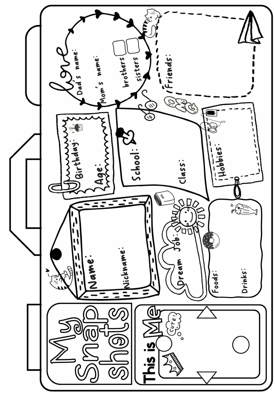 Second My Snap Shots suitcase version with prompts for friends, siblings, class, age, drinks and a This is Me photo spot