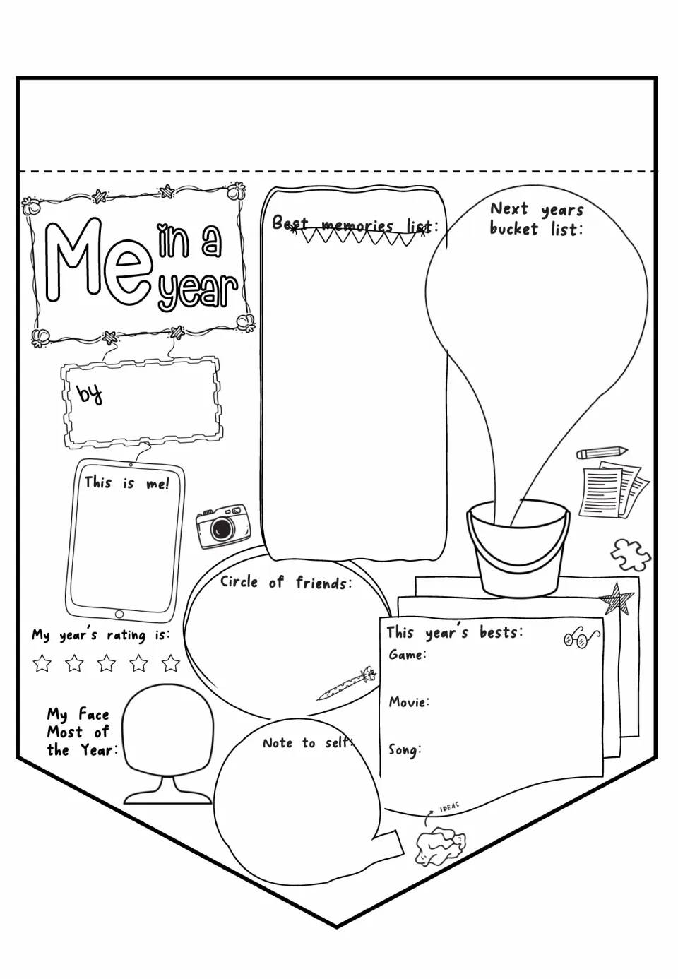Me in a Year pennant: students list best memories, next year's bucket list, friends, a note to self and year's bests