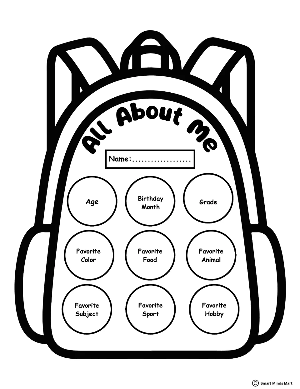 All About Me backpack to color: students write their name, age, birthday month, grade and favorite color, food and more