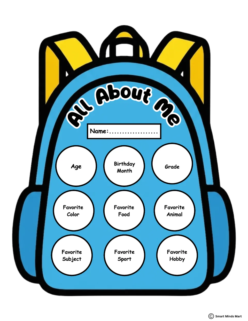 Blue All About Me backpack: students fill in nine circles on age, grade and favorite animal, sport and hobby