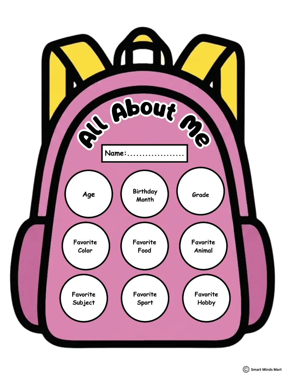 Pink All About Me backpack: students write their name and fill circles on age, grade and favorite food, subject and hobby