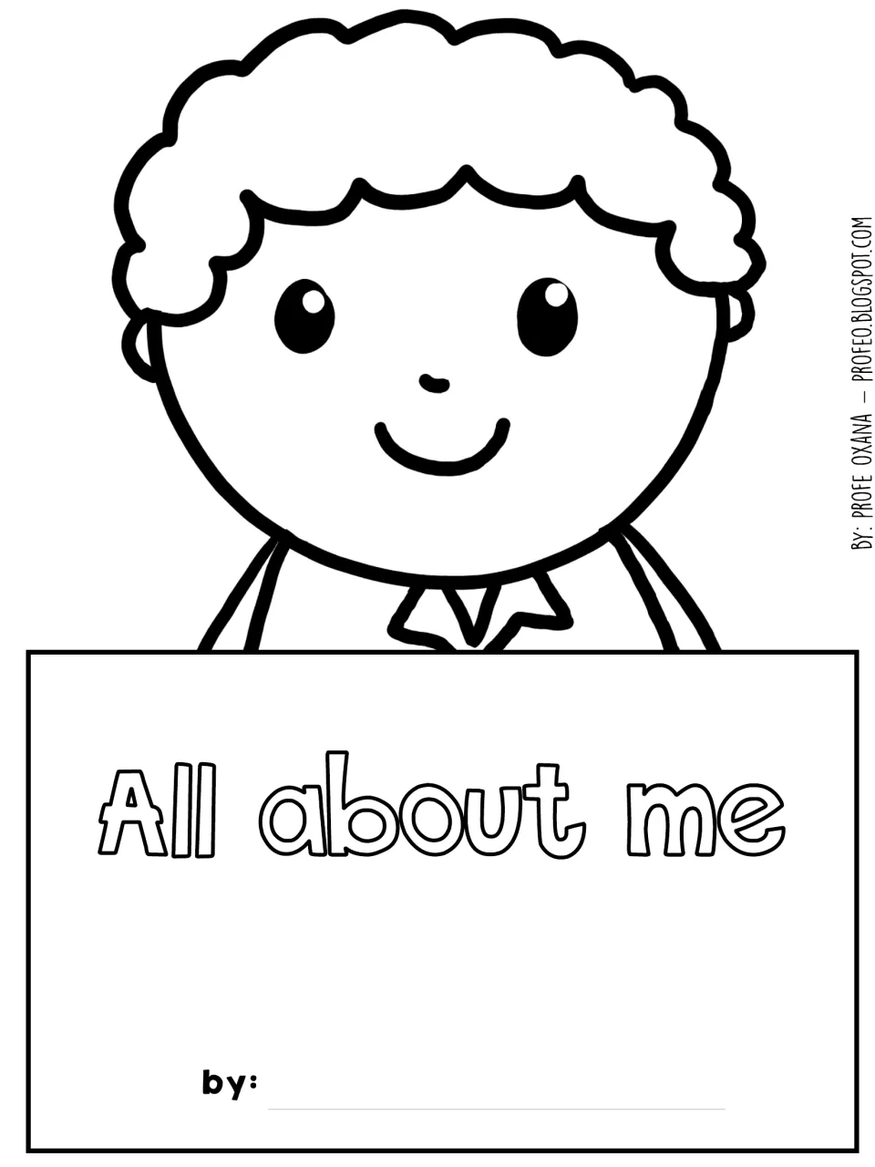 Craft head cut-out piece: boy with curly hair above an 'All about me' sign; students color it and write their name