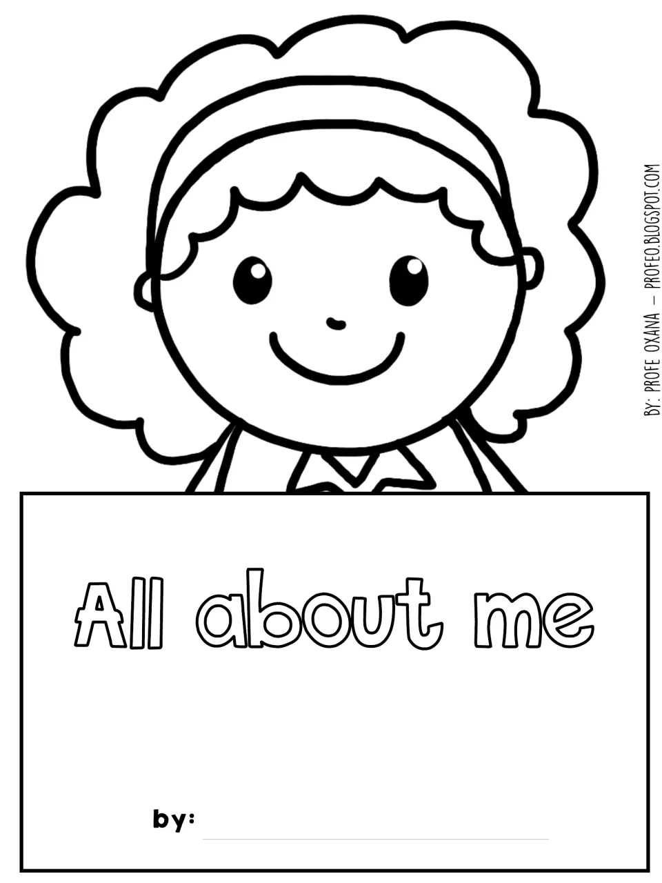 Craft head cut-out piece: girl with big curly hair and headband over an 'All about me' title sign and name line
