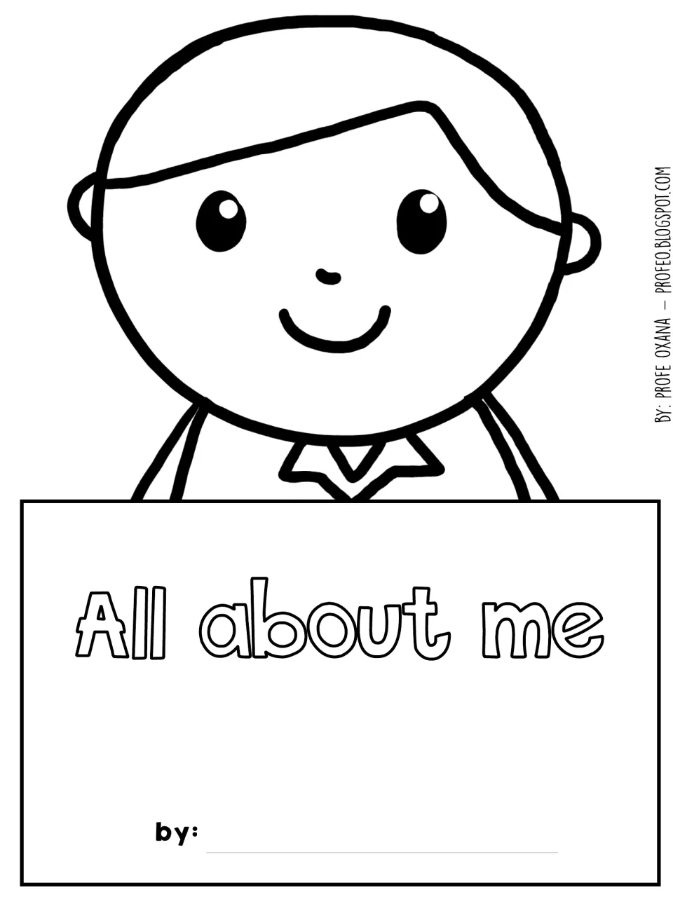 Craft head cut-out piece: short-haired boy with collar above the 'All about me' sign, with 'by:' line for a name