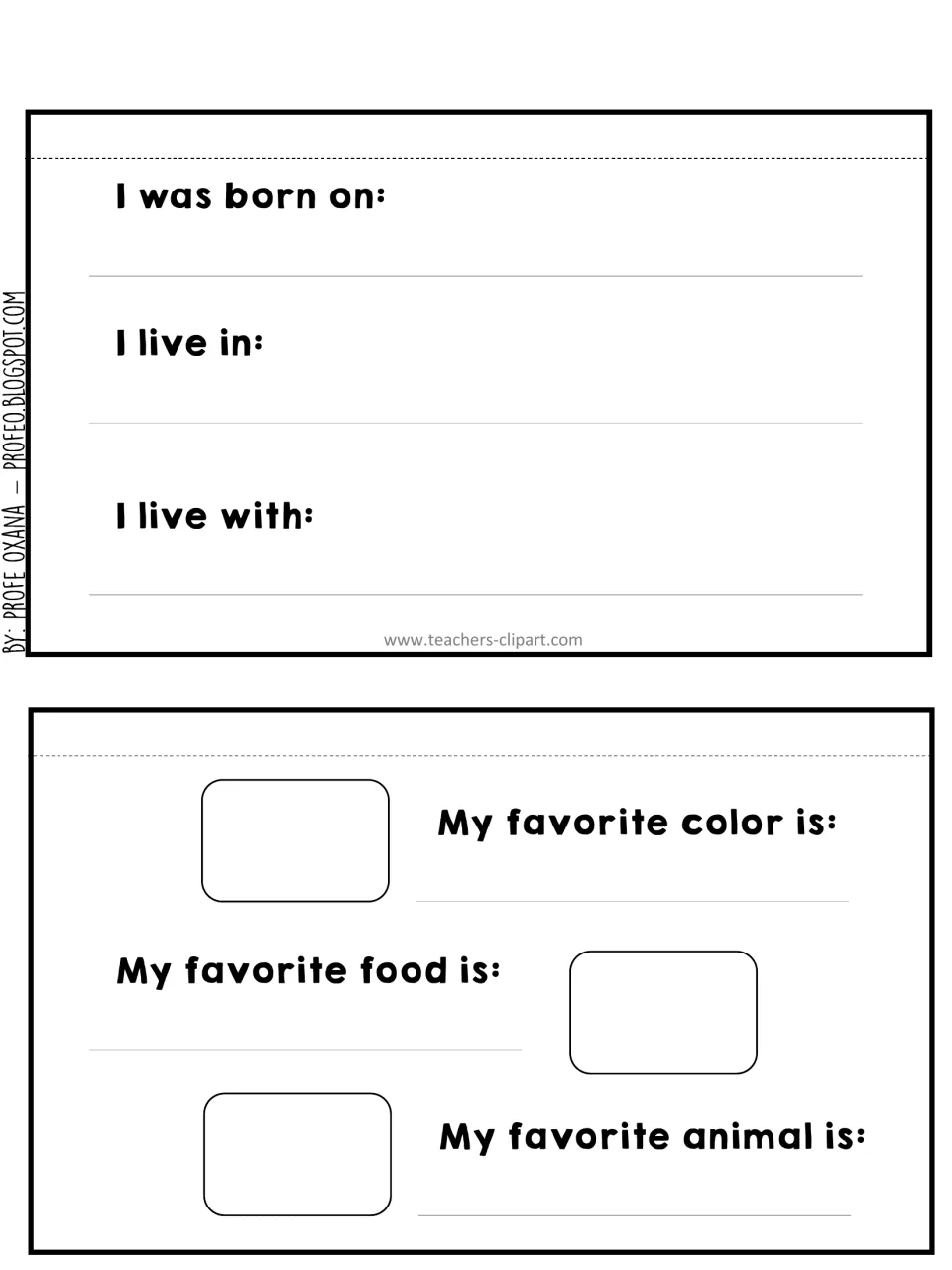 Personal facts flaps: students write birthday, hometown and who they live with, then draw favorite color, food and animal