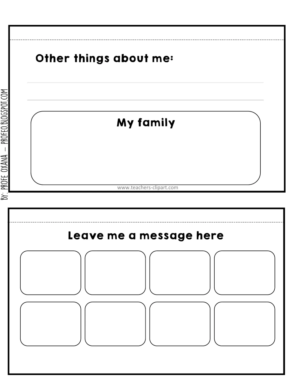 Flaps for 'Other things about me' writing and a 'My family' drawing, plus a 'Leave me a message here' strip of 8 spaces