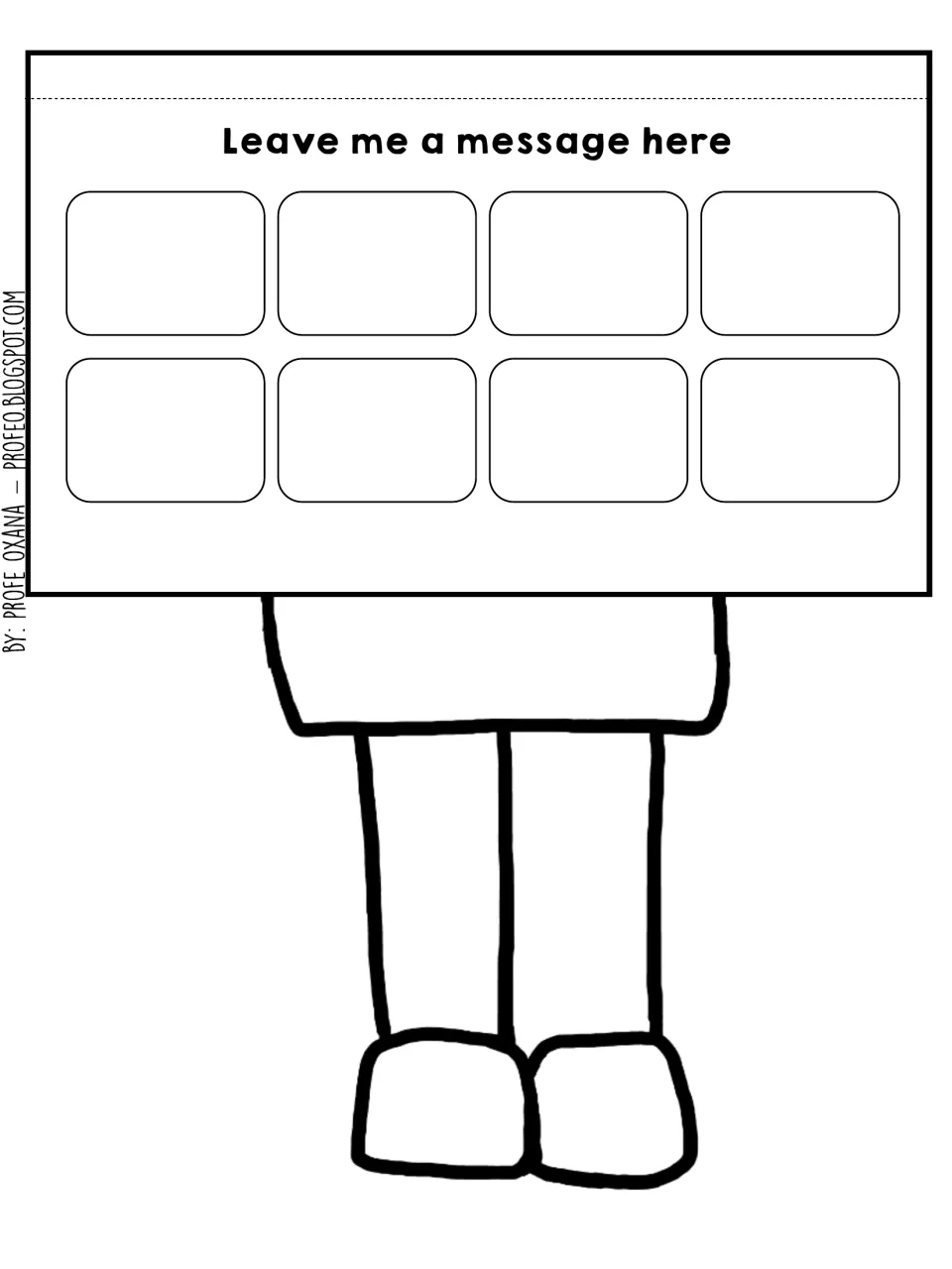 Legs cut-out piece in a skirt below a 'Leave me a message here' sign with 8 spaces for classmates to write notes