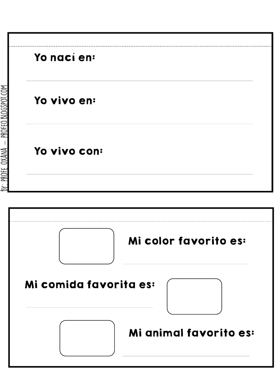 Spanish personal facts flaps: Yo nací en, Yo vivo en, Yo vivo con, plus favorite color, food and animal to draw