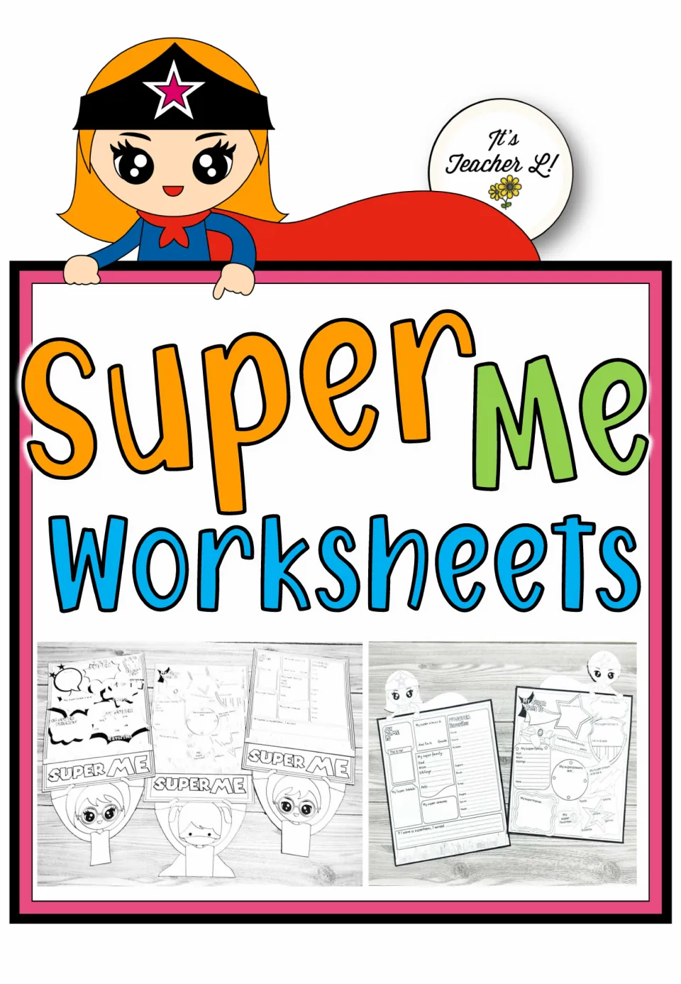 Cover of the superhero all-about-me worksheet collection, showing examples of completed profile crafts
