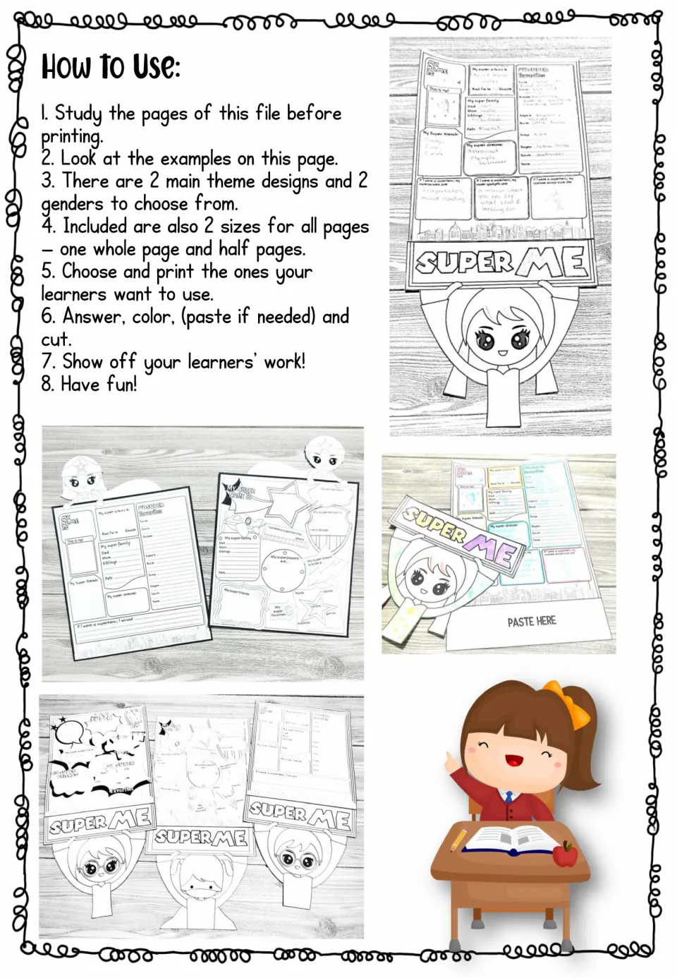 Directions for choosing superhero profile designs and sizes, then answering, coloring, pasting, and cutting