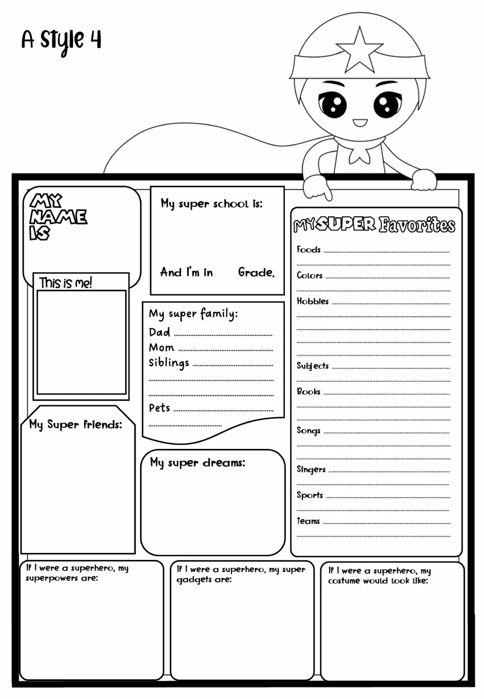 A Style 4 student profile includes family, friends, favorites, and imagined superhero powers, gadgets, and costume