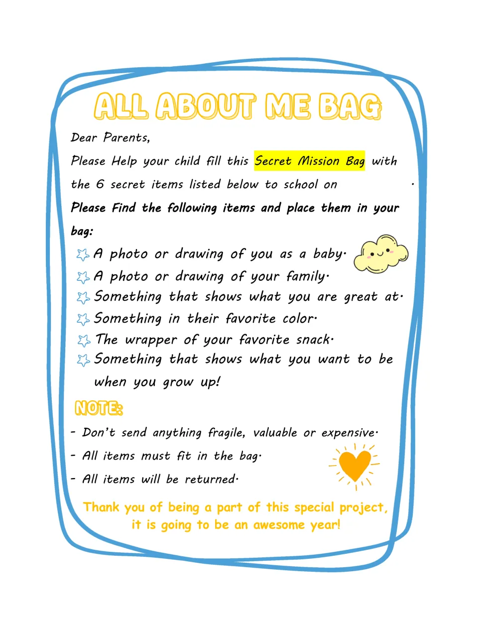 All About Me Bag parent letter in color listing 6 secret items to send, such as a baby photo and a favorite snack wrapper