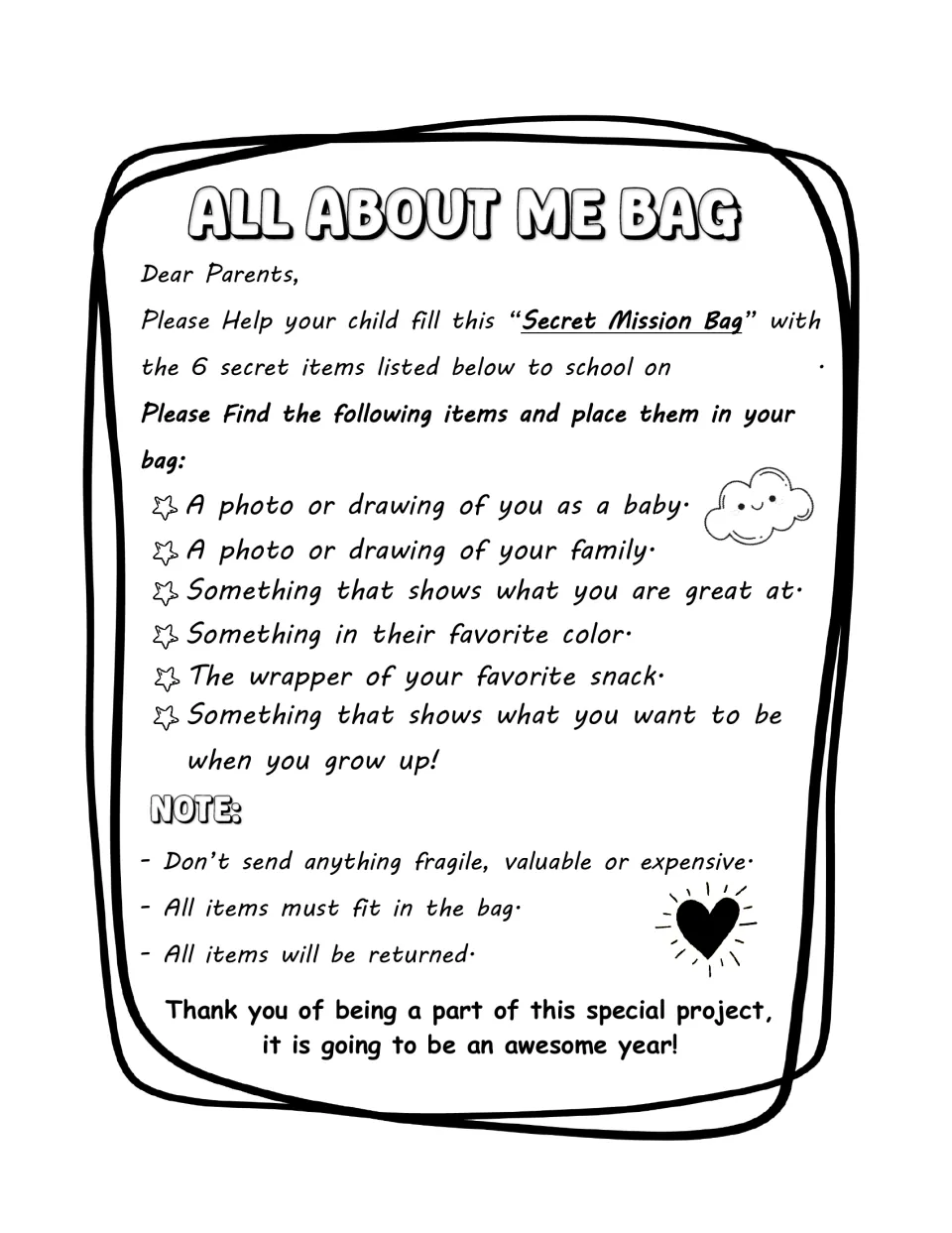 Black-and-white parent letter asking families to fill a Secret Mission Bag with 6 items and a note that items are returned
