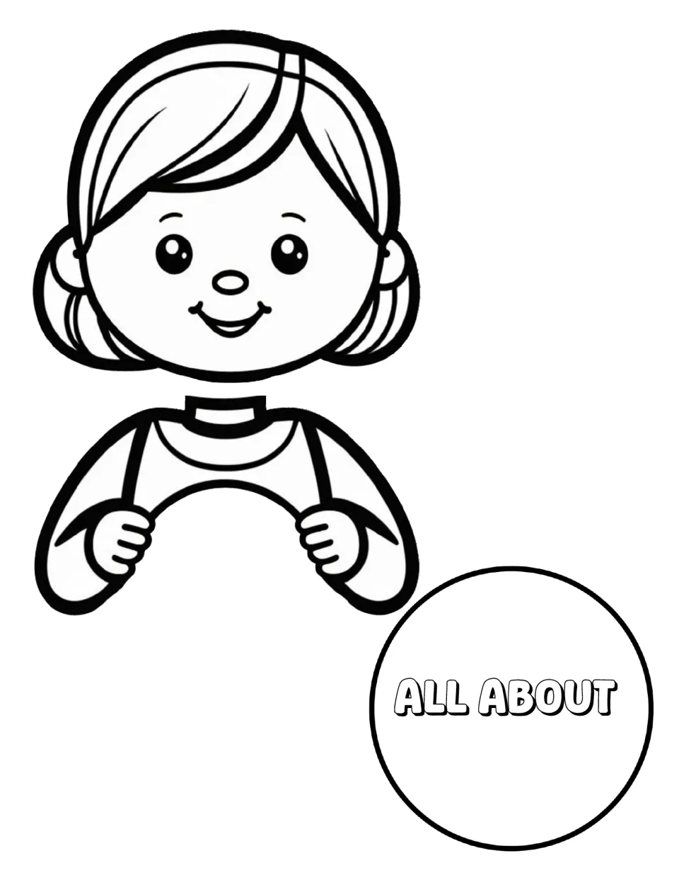 Girl cut-out pieces: a smiling girl's head, arms and hands, and a circle sign reading All About for the child's name