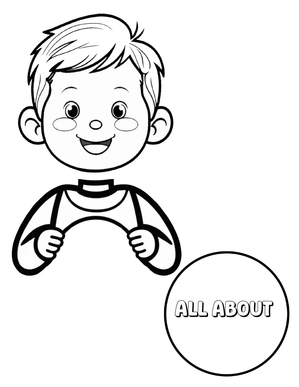Boy cut-out pieces: a smiling boy's head, arms and hands, and a circle sign reading All About to add the child's name