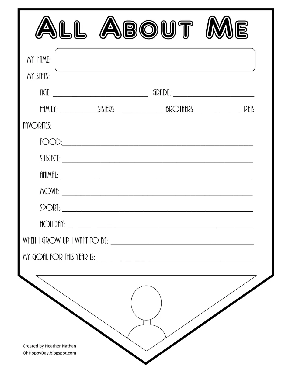 All About Me pennant: students write name, age, family, favorite things, dream job and a goal for the year, plus a portrait