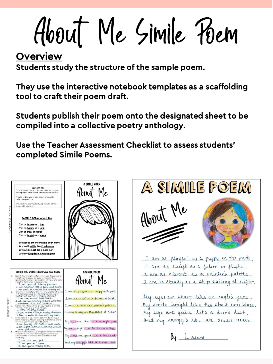 About Me Simile Poem overview: sample poem study, notebook templates, anthology publishing and a filled-in student poem