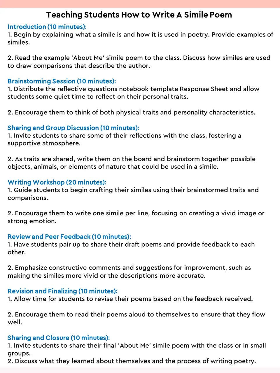Simile poem lesson plan: timed steps from introduction and brainstorming to writing workshop, peer feedback and sharing