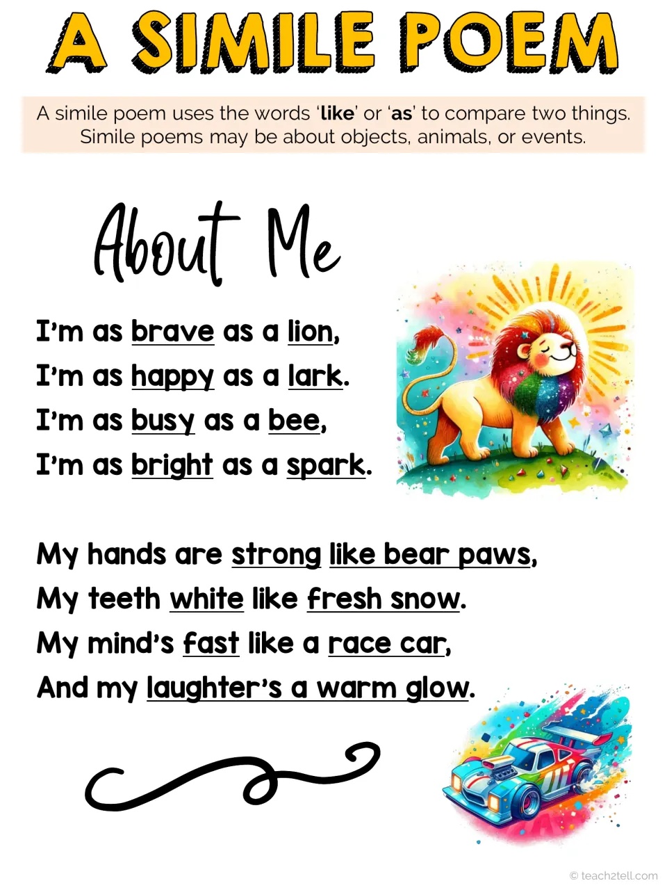 Color About Me simile poem model using like and as: brave as a lion, busy as a bee, mind fast like a race car