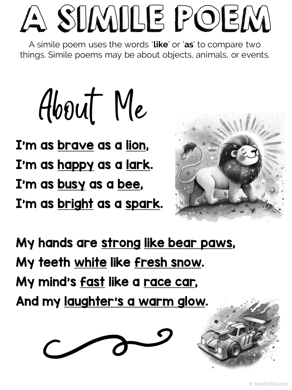 Black-and-white About Me sample poem defining similes, with underlined comparisons like happy as a lark and fresh snow
