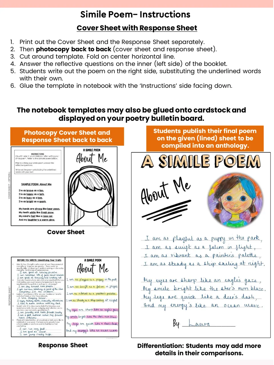Simile poem notebook instructions: print, copy back to back, fold, answer reflective questions, then rewrite the poem