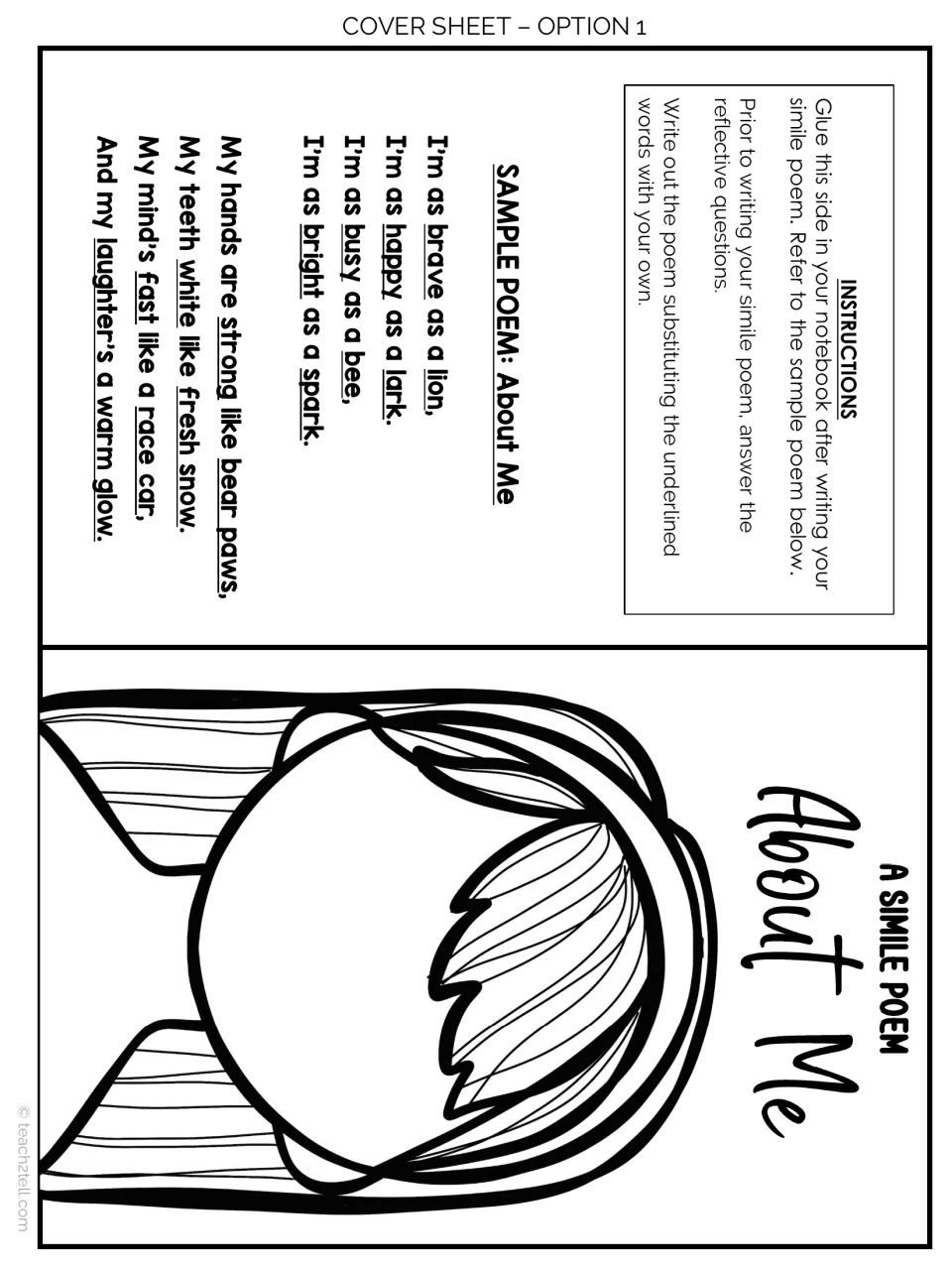 Cover Sheet Option 1: notebook flap with the About Me sample poem, glue instructions and a long-haired face to draw