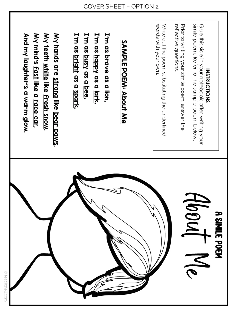 Cover Sheet Option 2: notebook flap pairing the sample simile poem and steps with a blank face outline wearing a ponytail