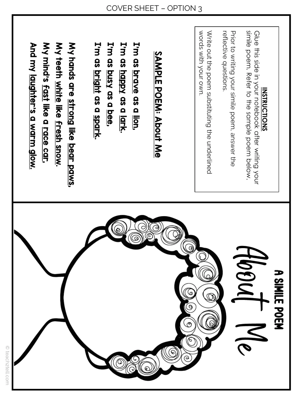 Cover Sheet Option 3: notebook flap with glue-in instructions, the sample simile poem and a curly-haired face to color