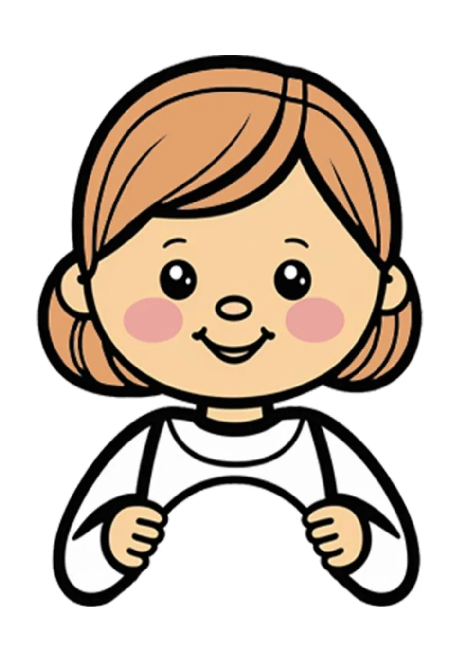Get-to-know-me figure: smiling girl with short brown hair in color, hands curved to hold the round booklet pages