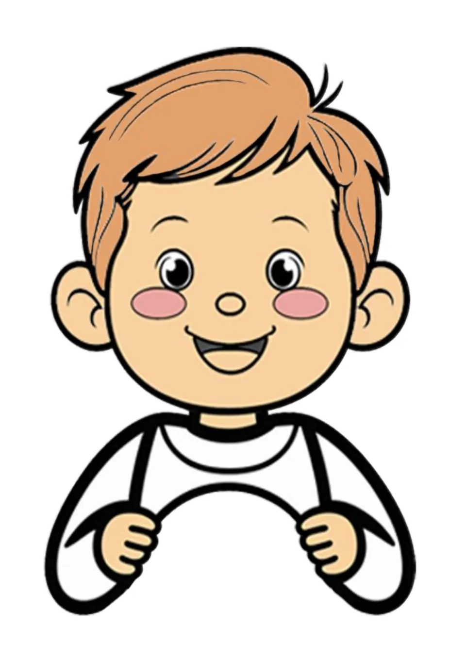 Get-to-know-me figure: smiling boy with brown hair in color, hands gripping a curved edge where the round booklet sits