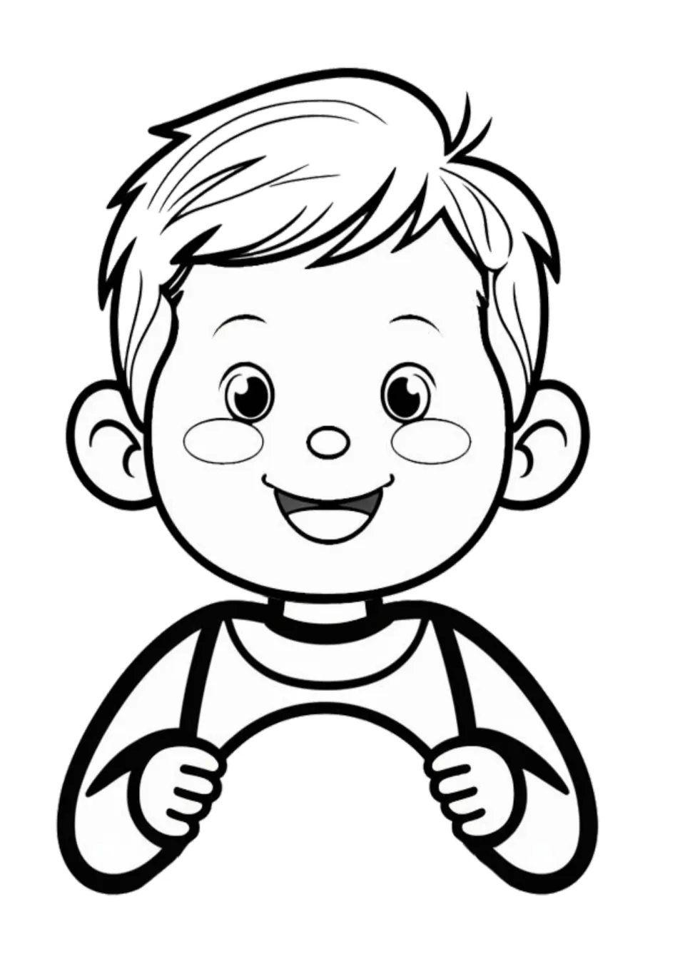 Boy figure in black outline for students to color, smiling, hands curved to hold the round booklet pages
