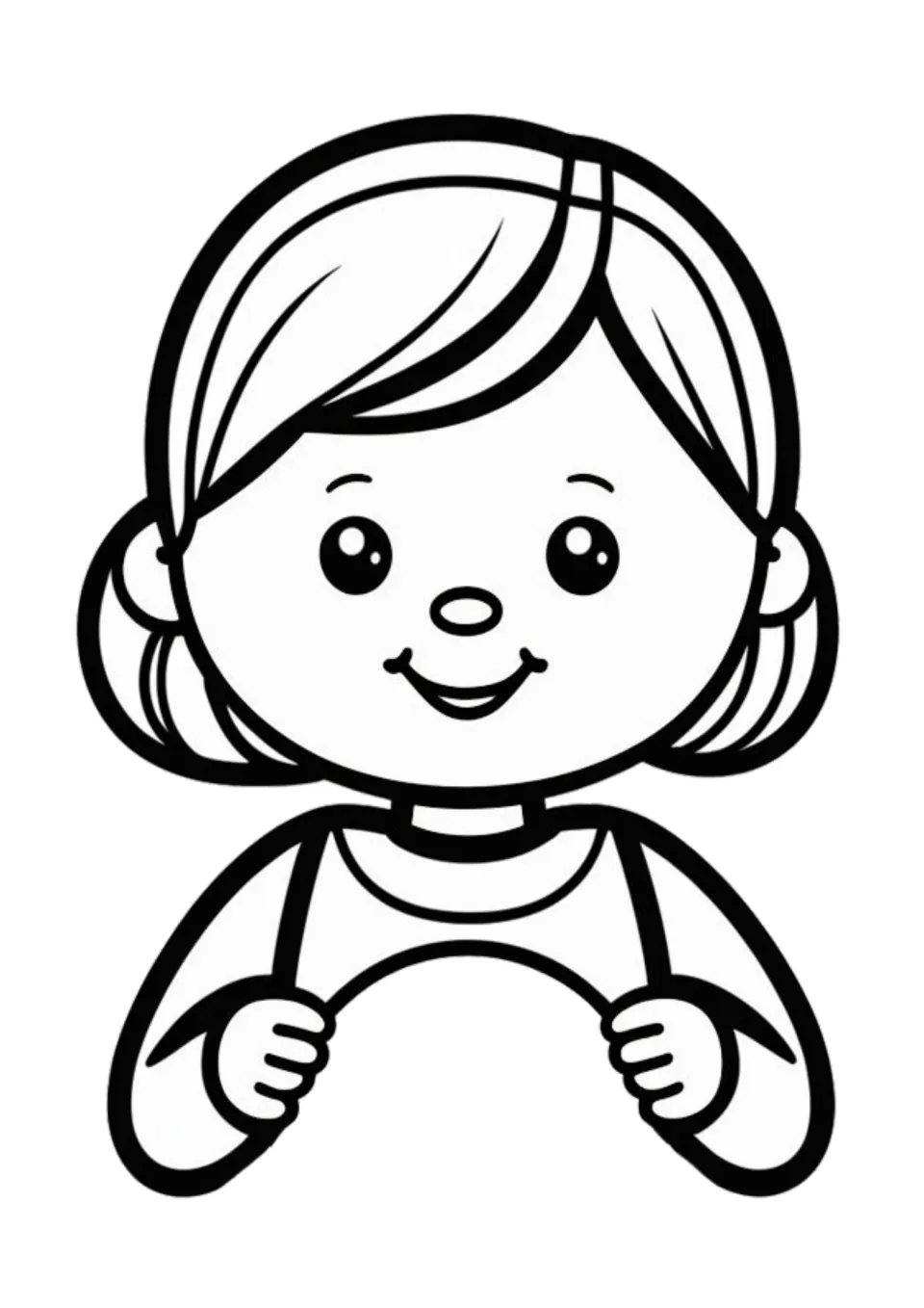 Girl figure in black outline for students to color, smiling with short hair, hands curved to hold the round booklet
