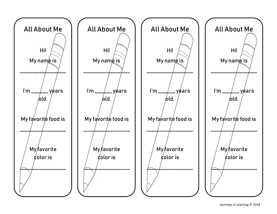 Pencil-design bookmarks, US spelling: four strips where students fill in their name, age, favorite food and favorite color