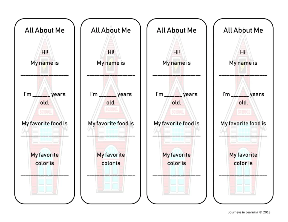 Schoolhouse-design bookmarks: four strips with Hi! My name is, age, favorite food and favorite color blanks to complete