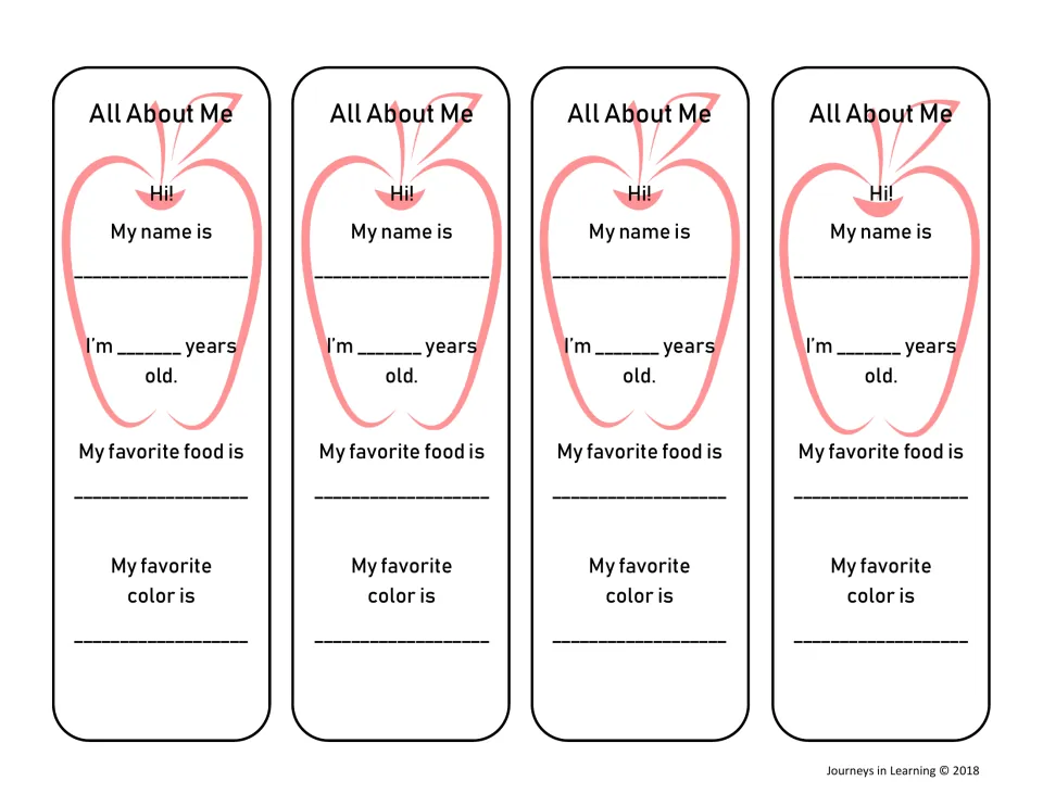 Apple-design bookmarks: four strips asking students to write their name, how old they are, favorite food and color