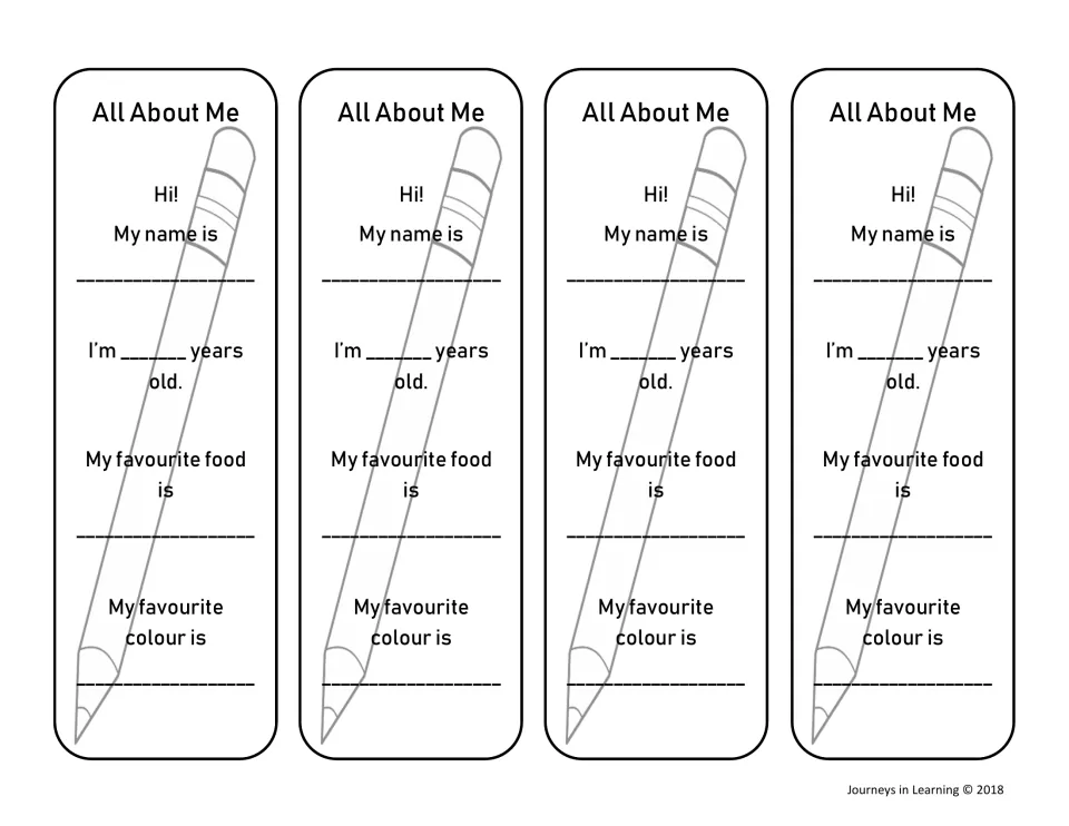 Pencil-design bookmarks, UK spelling: four strips for name, age, favourite food and favourite colour to complete